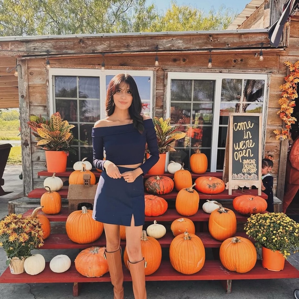 Elegant Navy Off-Shoulder Top and Skirt from lulus.